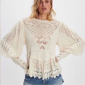 🆕 FREE PEOPLE Ivory Lace Lucinda Sweater Boho Poof Sleeve Thermal Cuff Sheer NWT